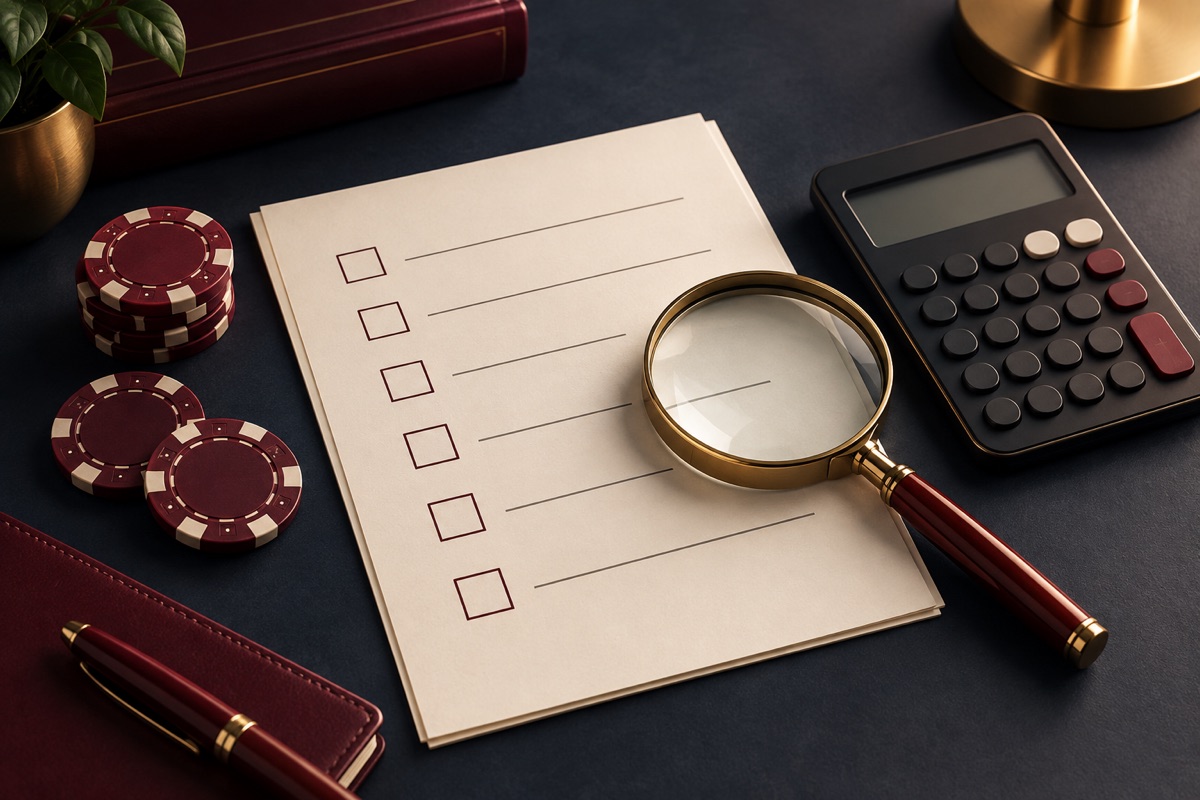Checklist, calculator and magnifying glass illustrating a review of casino bonus terms